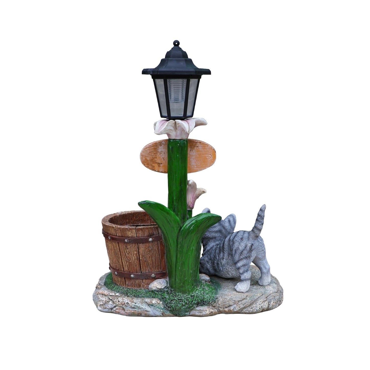 UNOIRNM Gray Tabby Cat Garden Statue - with Solar Lantern and Wooden Pail Planter, 20" Tall Outdoor Resin Welcome Cat Figurine for Patio Decor, 9.2 lbs Large Animal Sculpture, 15.4" Length