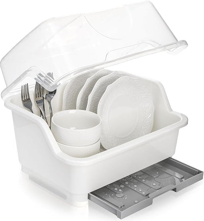 Dish Drying Rack, Plastic Plate Cup Dryer Holder with Lid Removable Drainboard, Cutlery Utensil Dish Nursing Bottle Organizer for Tableware, Kitchen Cabinet