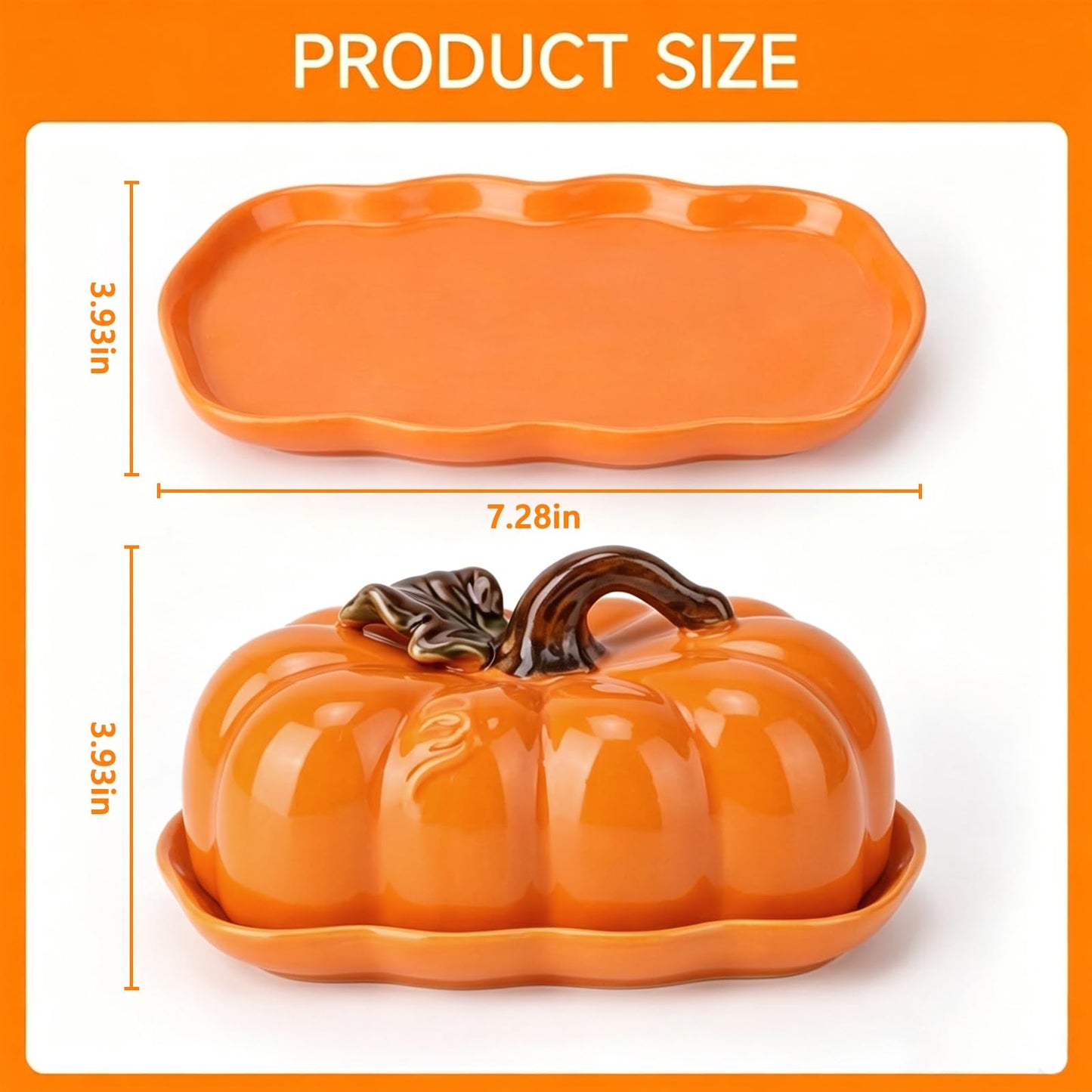 FTNESGYM Butter Dish with Lid for Countertop, Ceramic Cute Pumpkin Butter Container, Serving Tray with Cover, Decor Dinnerware for Halloween Thanksgiving Pumpkin Party (Orange)