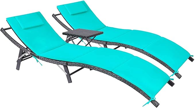 Devoko Patio Chaise Lounge Sets Outdoor Rattan Adjustable Back 3 Pieces