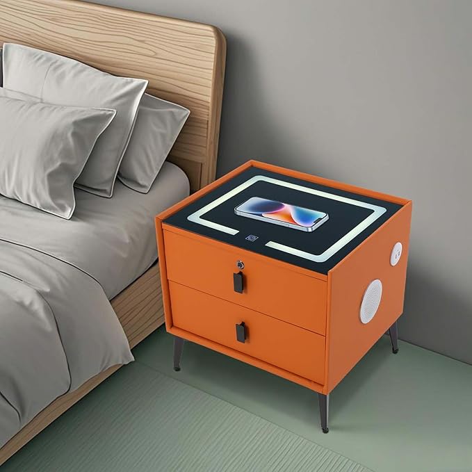 Smart Nightstand w/Fingerprint Lock Drawers, Smart Bedside Table w/USB Charging
