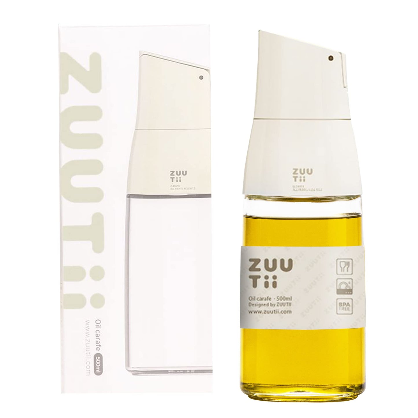 Zuutii Olive Oil Dispenser, Drip Free Spout Oil Container for Kitchen.Vinegar Dispenser, Glass Bottle for Cooking,500ML,Light Cream