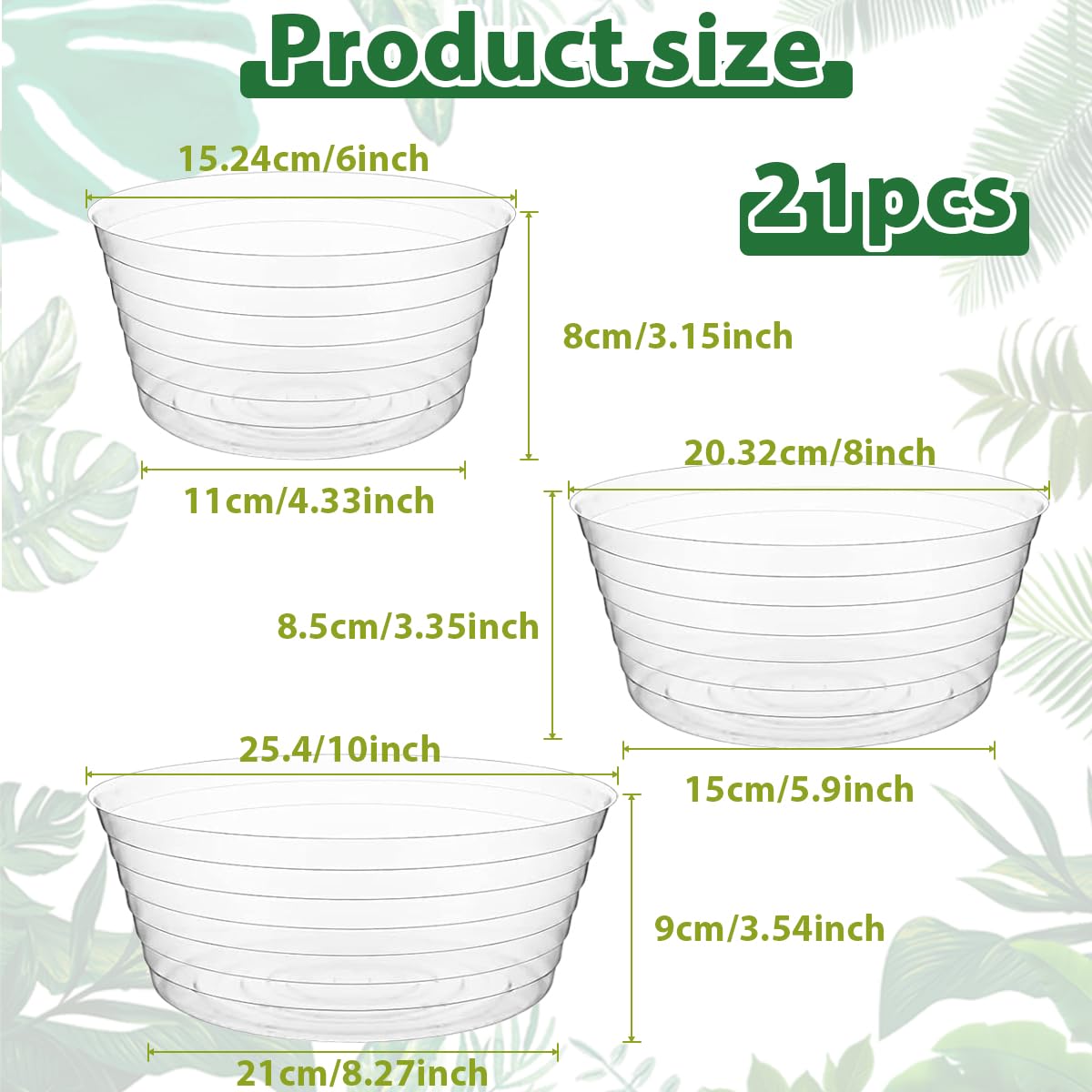 Hyuetrsa 21 Pcs Clear Deep Drip Tray Plastic Plant Saucer 6/8/10 Inch Plant Drip Trays Thickened Clear Plant Saucers Flower Drip Tray for Indoor and Outdoor Plants