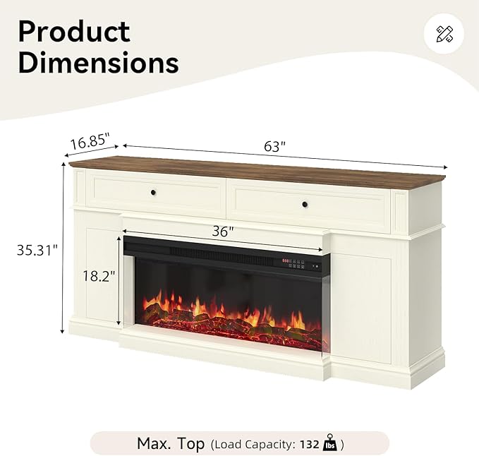 63" Farmhouse TV Stand with Fireplace