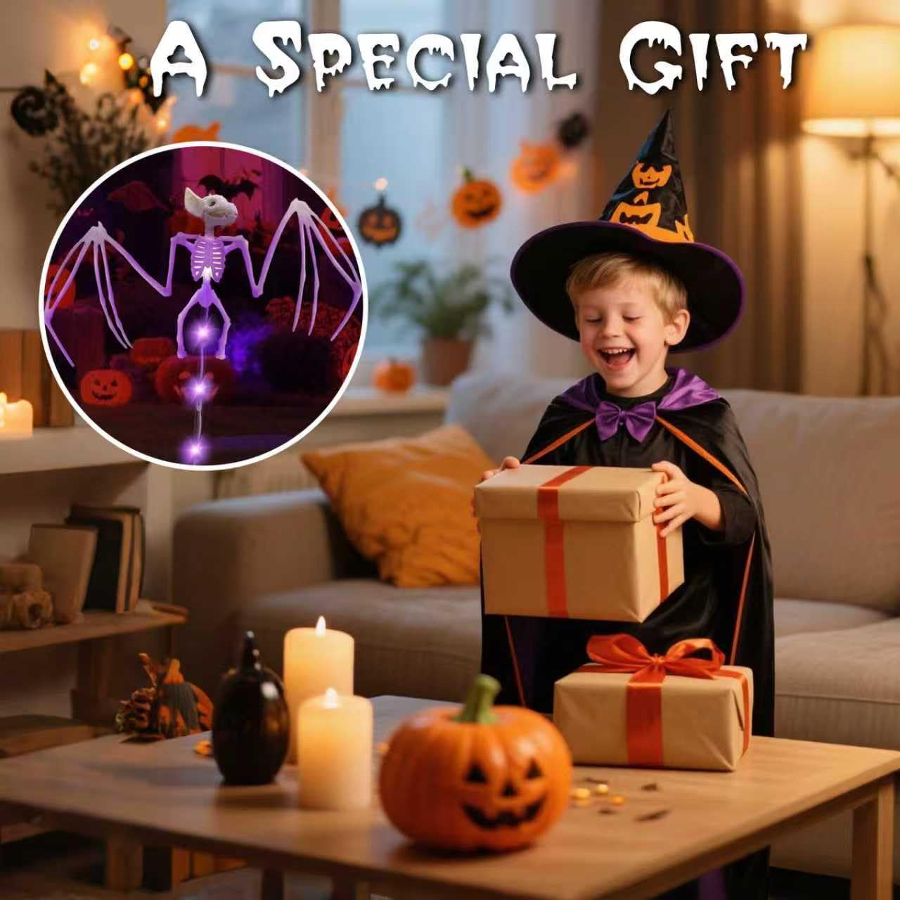 Solar Halloween Decorations Outdoor - 2 Pack 3D Scary Bat & Skeleton Lights, Waterproof LED Solar Garden Lights for Pathway, Lawn, Yard, Patio - Spooky Purple Lighting for Outdoor Holiday Decor