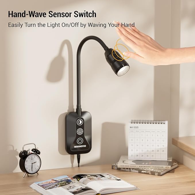 Wall Mounted Reading Light with Hand Sweep Sensor Switch, Book Light for Reading with USB Output, 5 Color & Brightness Dimmable Wall Lights for Bedroom, Wall Lamp with Flexible Neck-Black 2 Pack
