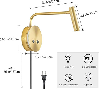 Gold Wall Mounted Reading Light, 3000K Flexible Headboard Reading Sconces with On Off Switch Control, Plug in/Hardwired Wall Light Fixtures with Night Light for Bedside Bedroom Bunk