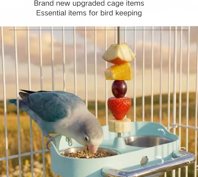 Bird Feeder Birds Bowls Stainless Steel Dishes Coop Cups with Fruit Skewer, Parrot Feeding Dish Cups Food Water Bowls with Bird Food Holder for Budgies Lovebirds (Blue,Square)