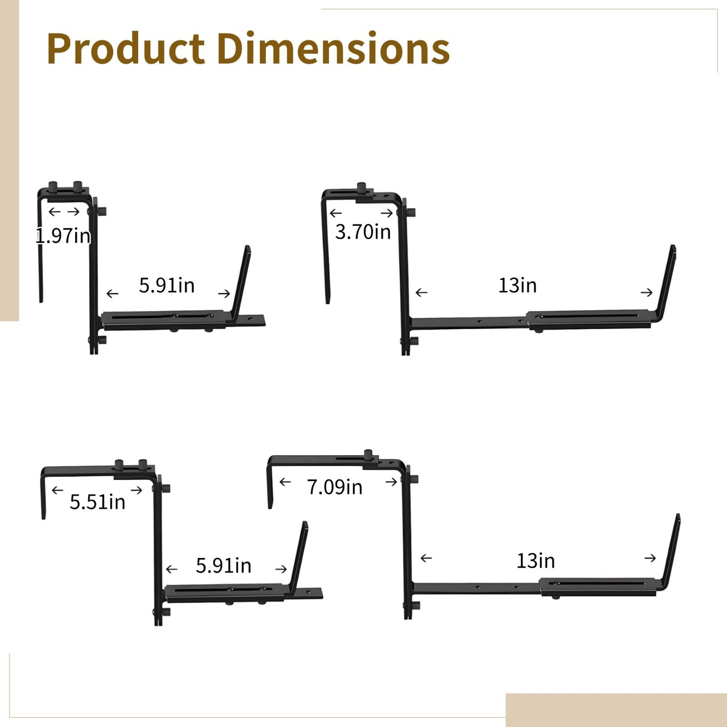 boxoon 4 Deck Rail Planter Box Brackets, Adjustable Iron Holders, Rustproof Coating, Fits 2-7 In Rails, 5.9-12.6 In Pots