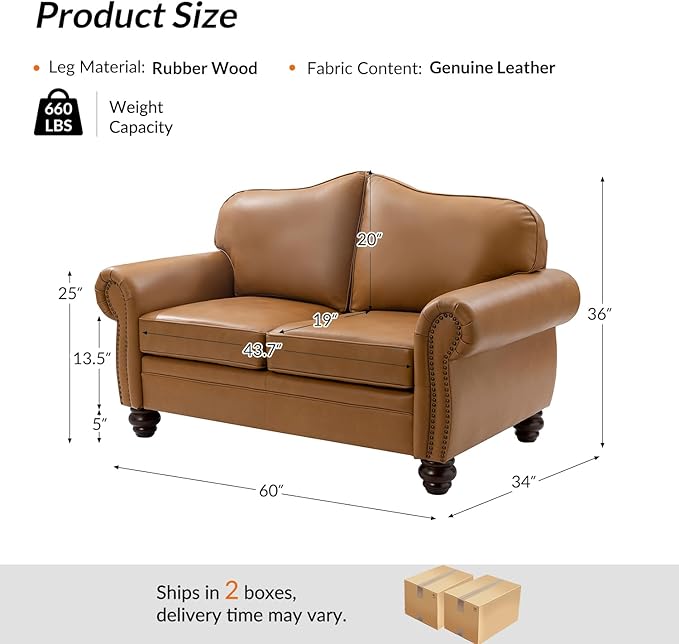 60" Wide Genuine Leather Chesterfield Loveseat, 2 Seat Leather Sofa