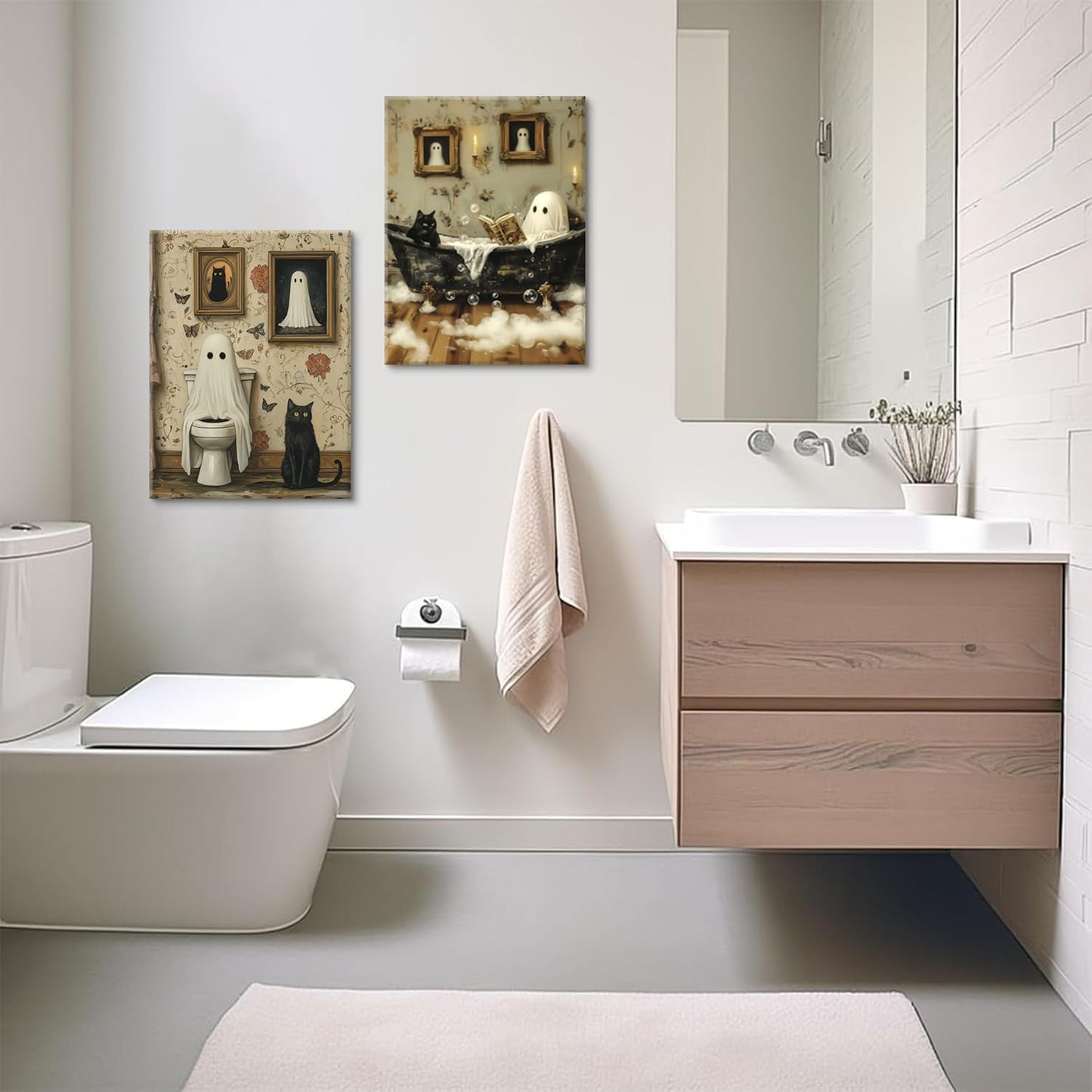 2pcs Funny Ghost Bathroom Wall Art Spooky Ghost on Toilet Wall Decor Gothic specter and Cute Black Cat Canvas Poster Dark Academia specter Painting Prints for Toilet Dorm Halloween Decor 8x10In Canvas