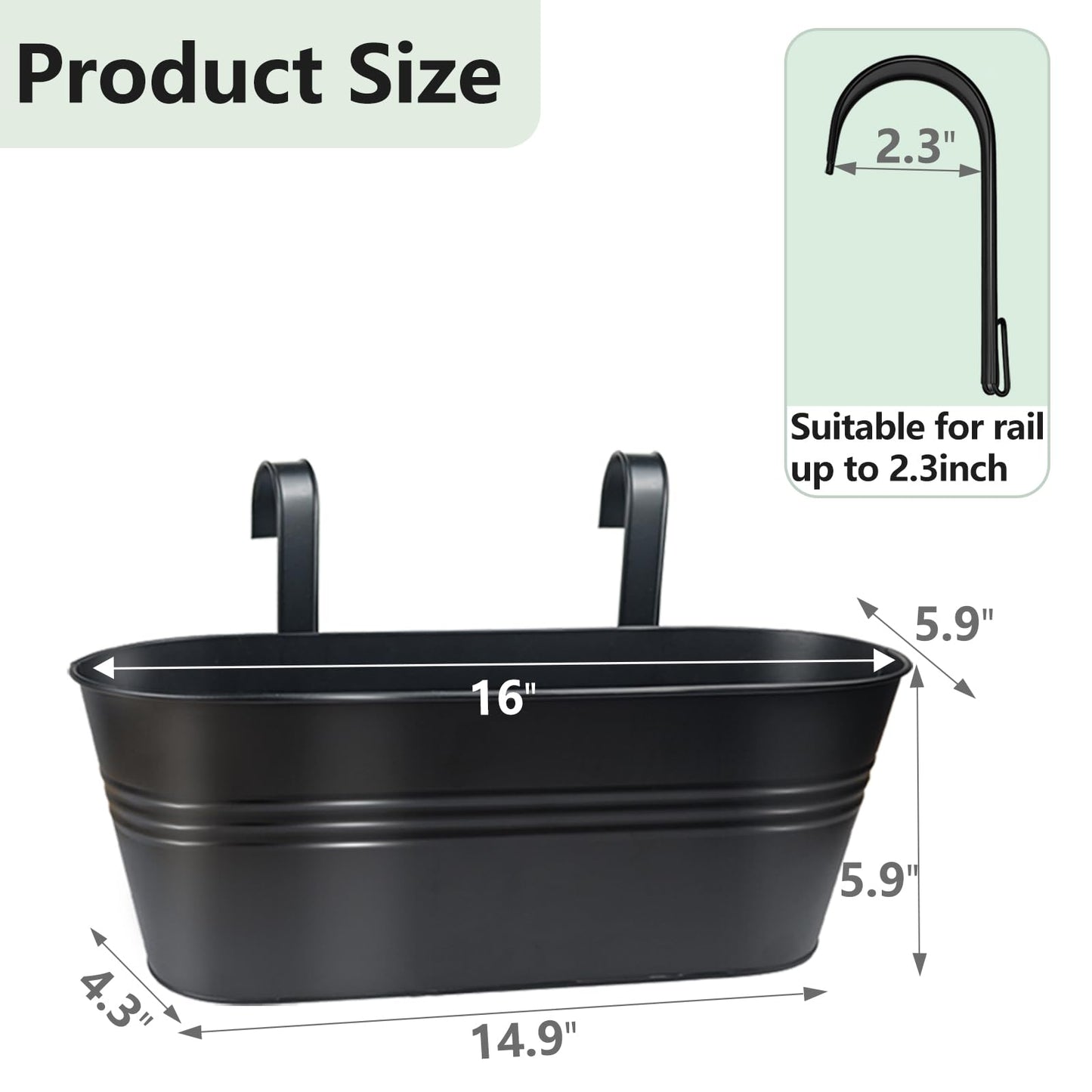 Venyat 16 Inch 4 PCS Metal Hanging Flower Pots for Railing Fence, Large Railing Planters for Outdoor Plants, Fence Hanging Planters with Detachable Hooks for Garden Balcony