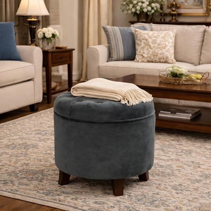 Homepop Home Decor | Upholstered Round Velvet Tufted Foot Rest Ottoman | Ottoman