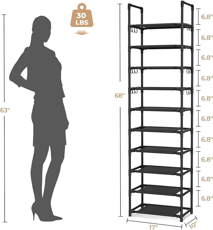 VTRIN 10 Tiers Tall Shoe Rack Holds 20-25 Pairs of Shoes Sturdy Vertical Shoe