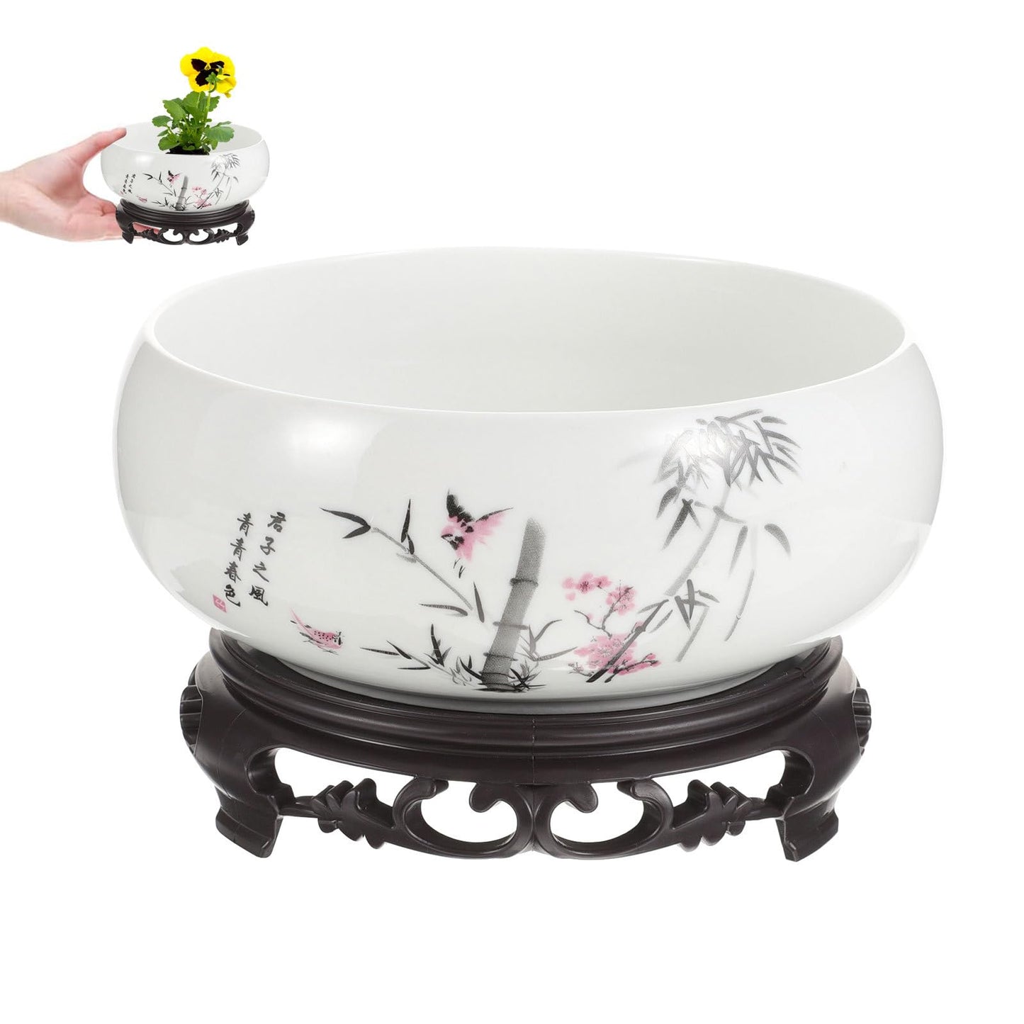 Lotus Bowl Flower Pot Ceramic Hydroponic Planter White Porcelain Bonsai Pot with Plastic Base for Indoor Water Planting Lily Lucky Bonsai Home Patio Garden Decor
