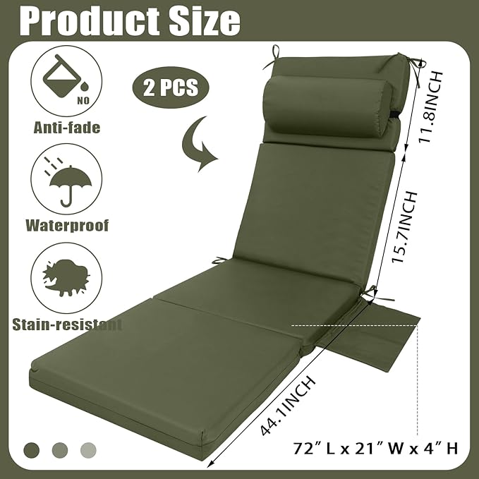 Wenqik 2 Pcs Outdoor Chaise Lounge Cushion