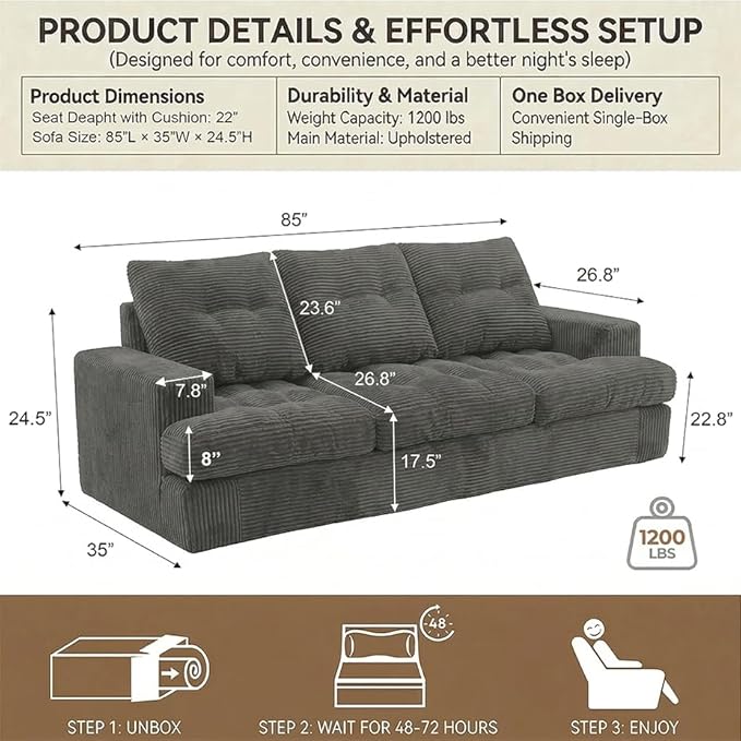 85" Corduroy 3 Seater Sofa in a Box, High-Density Foam Couch, No Assembly