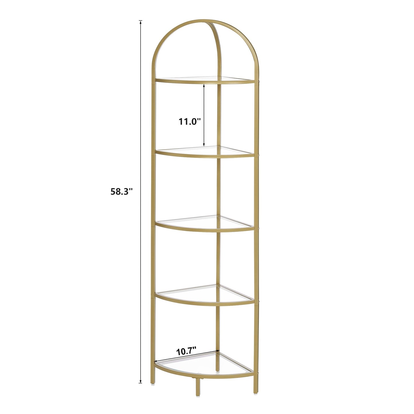 Homhedy 5-Tier Corner Shelf Stand, Metal Corner Bookshelf, Tempered Glass Shelves, Bathroom Storage Rack Shelf, Plant Stand, Modern Style, Golden
