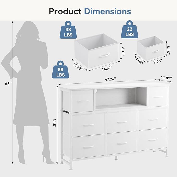 DUMOS TV Stand Dresser with 8 Fabric Drawers and Open Shelves, LED
