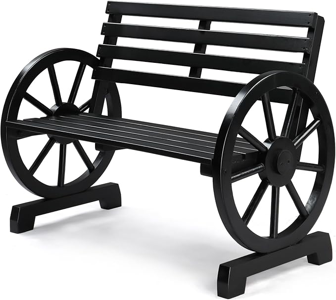 VINGLI Rustic Wooden Wheel Bench Outdoor Bench, Patio Bench Wagon Slatted Seat
