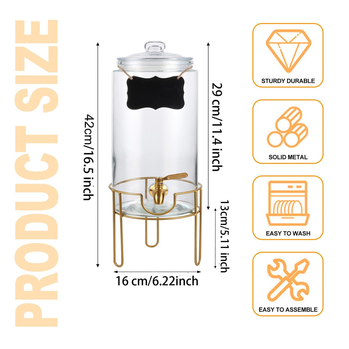 Drink Dispensers for Parties 1 Gallon, Bevarage Dispenser with Stand,Glass Drink Dispenser With Stainless Steel Spigot + Marker & Chalkboard, Ideal for Lemonade,Juice, Tea, and Party Drinks