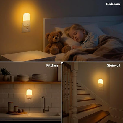 LED Night Light Plug into Wall, 2 Pack Dimmable Night Lights with Dusk to Dawn Sensor & Retractable Plug & 3 Adjustable Brightness, 3000K Warm Nightlight for Adults/Kids/Bedroom/Stair/Hallway/Kitchen