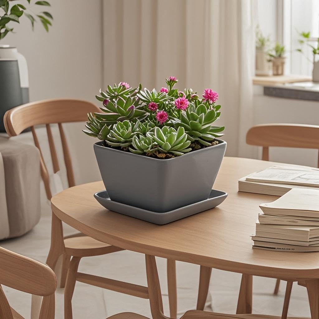 Square Plant Saucer 6 Inch 2 Pack，Plant Trays for Pots, Gray Ceramic Plant Saucers for Indoors Outdoors, Plant Drip Tray 4 6 8 10 12 14 Inch