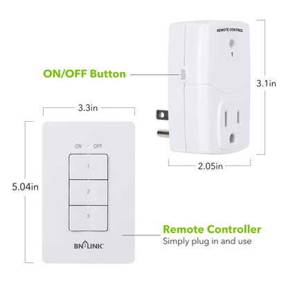 BN-LINK Mini Wireless Wall-Mounting Remote Control Outlet Switch Power Plug in for Household Appliances, Wireless Remote Light Switch, LED Light Bulbs, White (3 Outlets)