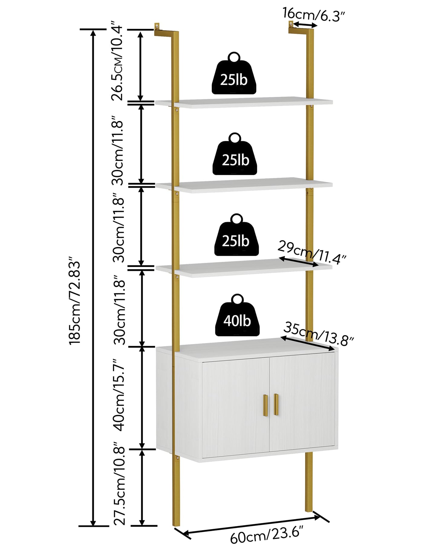 Yusong 73" Tall Bookshelf with Cabinet, Industrial Ladder Wall Mount Shelf Bookcase with Wood and Metal Frame, Plant Shelf Wall Storage Display for Living Room Bedroom, White Gold