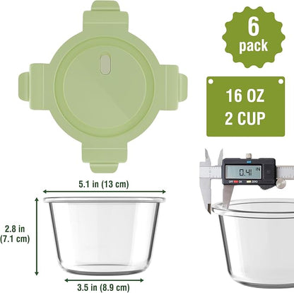 16oz Glass Meal Prep Containers with Lids, Airtight 2 Cup Glass Food Storage Containers Set, Heat-Resistant BPA-Free Container for Soup, Leftovers, Microwave, Oven, Dishwasher & Freezer Safe (6 Packs)