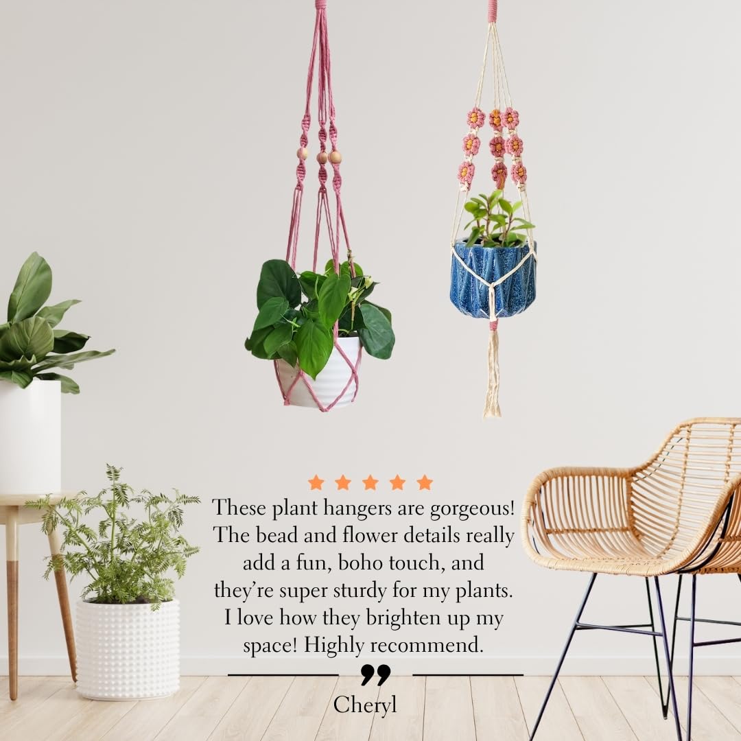 Set of 2 Macrame plant hanger with Daisies & Beads | Hanging plant holder Macrame Plant hangers outdoor and indoor hanging planters Plant stand indoor Boho Decor hanging planter stand (Champagne Pink)