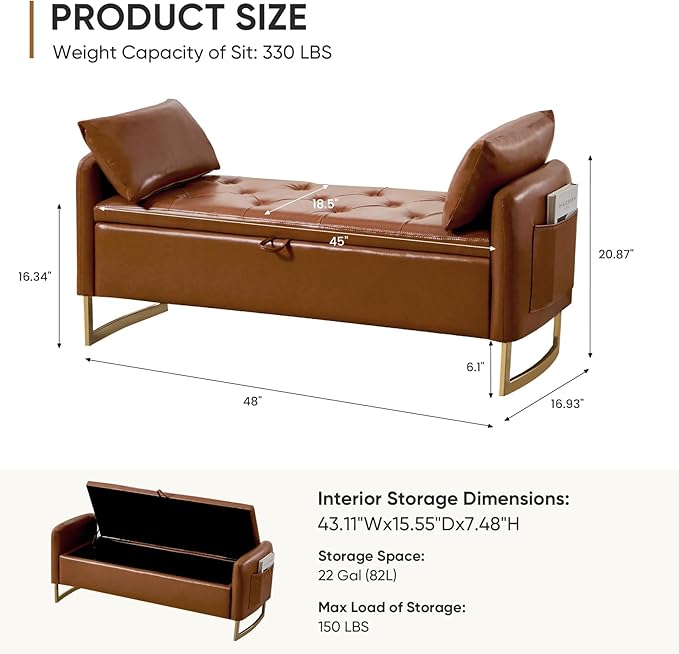 48" End of Bed Bench, Modern Storage Benches