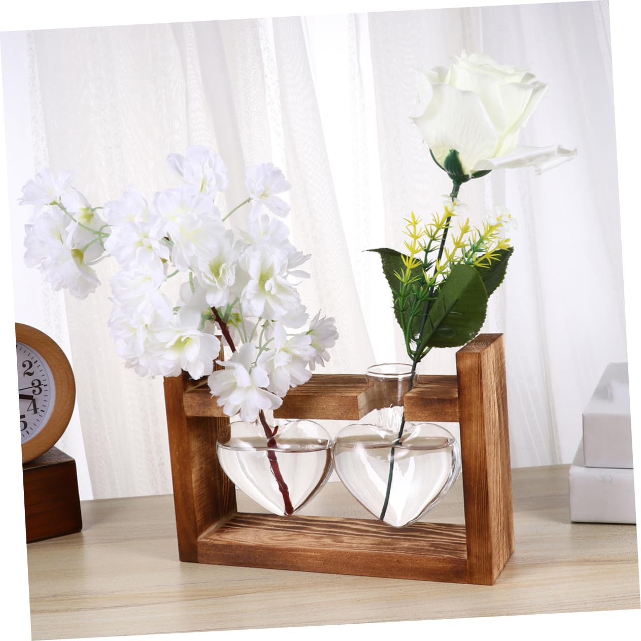 Ciieeo 2Pcs Heart Shaped Glass Hydroponics Planter with Retro Wooden Rack Temperature Resistant Vase for Flower Arrangement and Indoor Plant Propagation Decorative Terrarium for Home