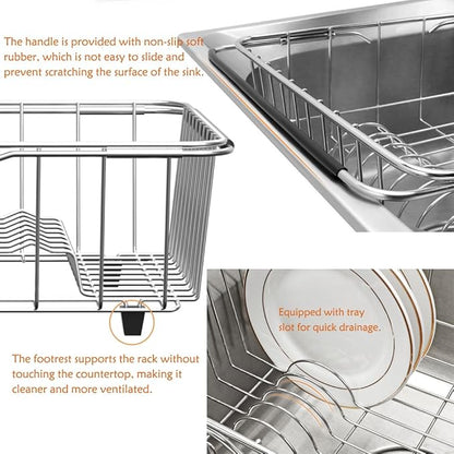 NiuYichee Stainless Steel Dish Drying Rack(15"L X 11"W X 4.1"H), Expandable Fruit & Vegetable Drain Rack over Sink, Dish Drainer Rack in Sink, with Stainless Steel Utensil Holder & Silicone Mat(16")