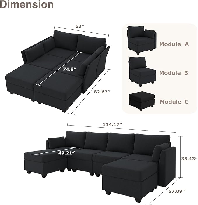 Huatean Home 114.17" Modular Sectional Sofa, 6 Seat Sectional Couches