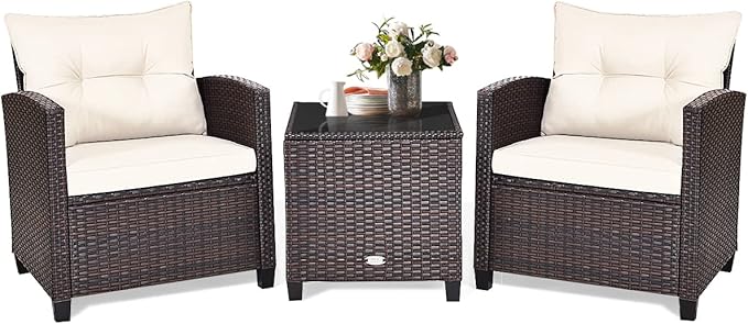 COSTWAY 3PCS Patio Furniture Set, PE Rattan Wicker Sofa w/Washable Cushion and