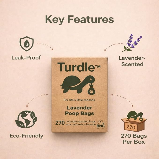 Turdle Dog Poop Bags Rolls, Certified Compostable Poop Bags for Dogs, Extra Thick Leak-Proof, BPI Certified (ASTM D6400), Lavender Scented, Plant-Based, 270 Count