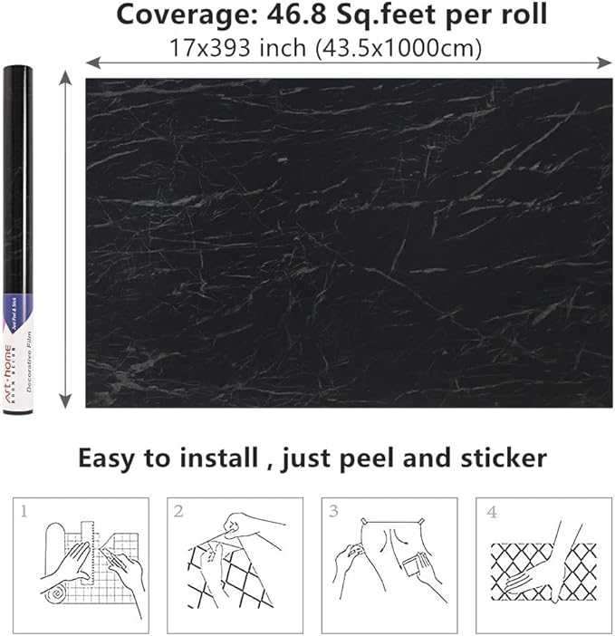 Arthome Black Marble, 17x393 Inches Peel and Stick Wallpaper, Marble Contact