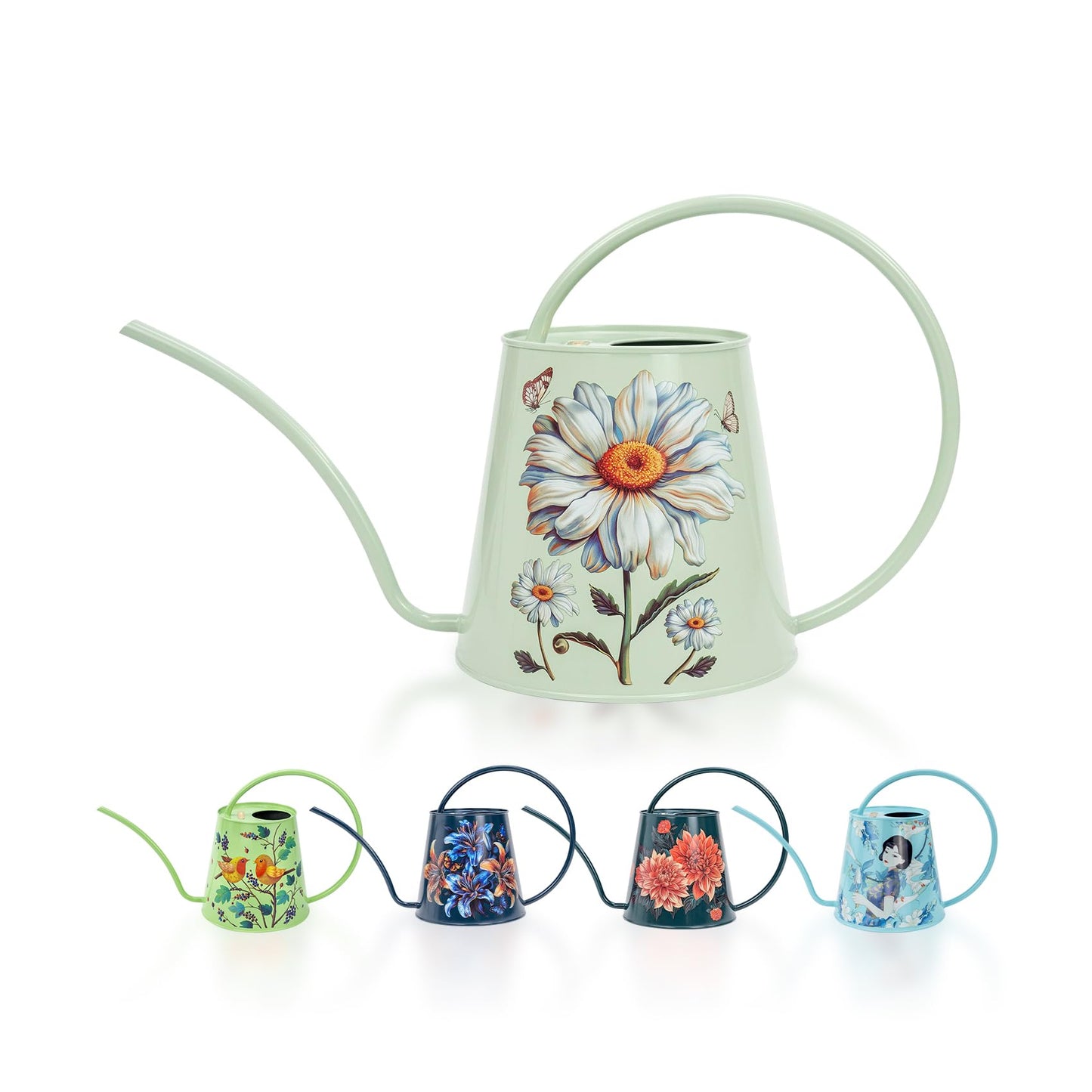Berry&Bird House Plants Watering Can - Indoor&Outdoor 1/2 Gallon Stainless Steel Water Can with Long Spout Garden Decoration for Flower Bonsai Succulent Gardening Large Water Bottle (Bellis Perennis)