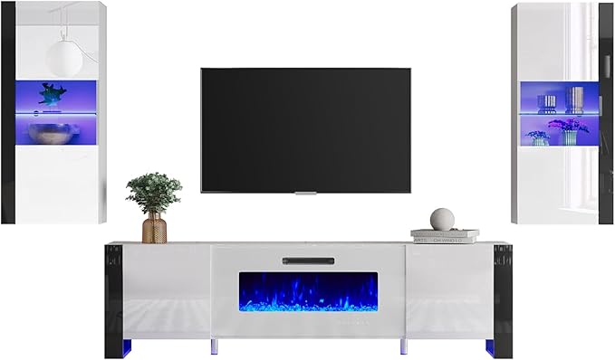 AMERLIFE 3 Piece Modern Wall Unit Entertainment Center Set, High Gloss 70"