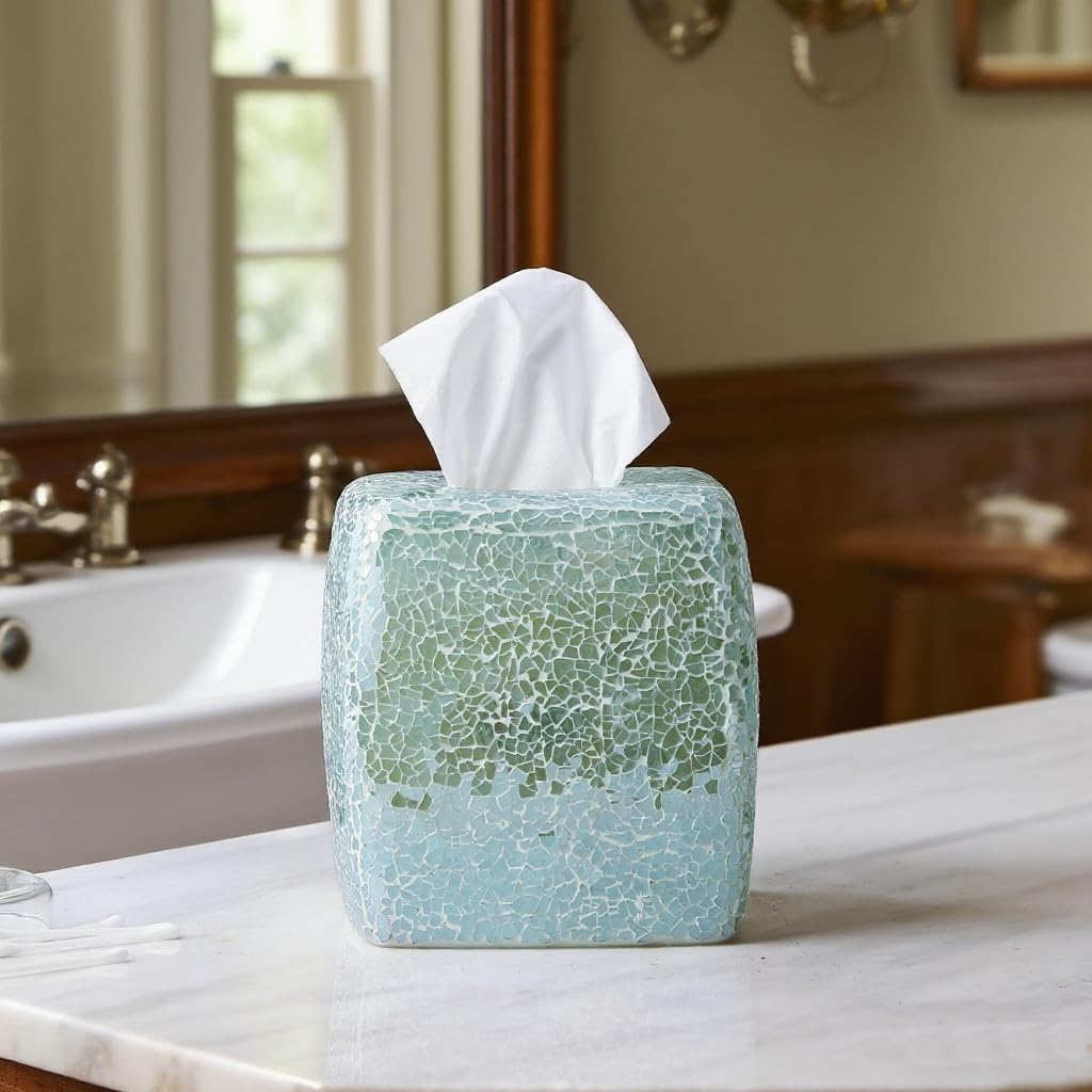 Handmade Mosaic Glass Tissue Box Cover, Square Decorative Holder, Turquoise Color