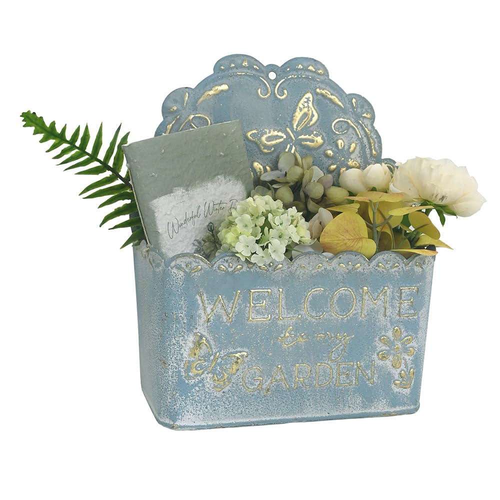 Chadechimo Decorative Hanging Wall Basket Shabby Chic Wall Planter for Indoor Planters Decor Blue Wall Planter Holder Metal Hanging Planter Wall Mounted Planter for Farmhouse Garden Wall Decor