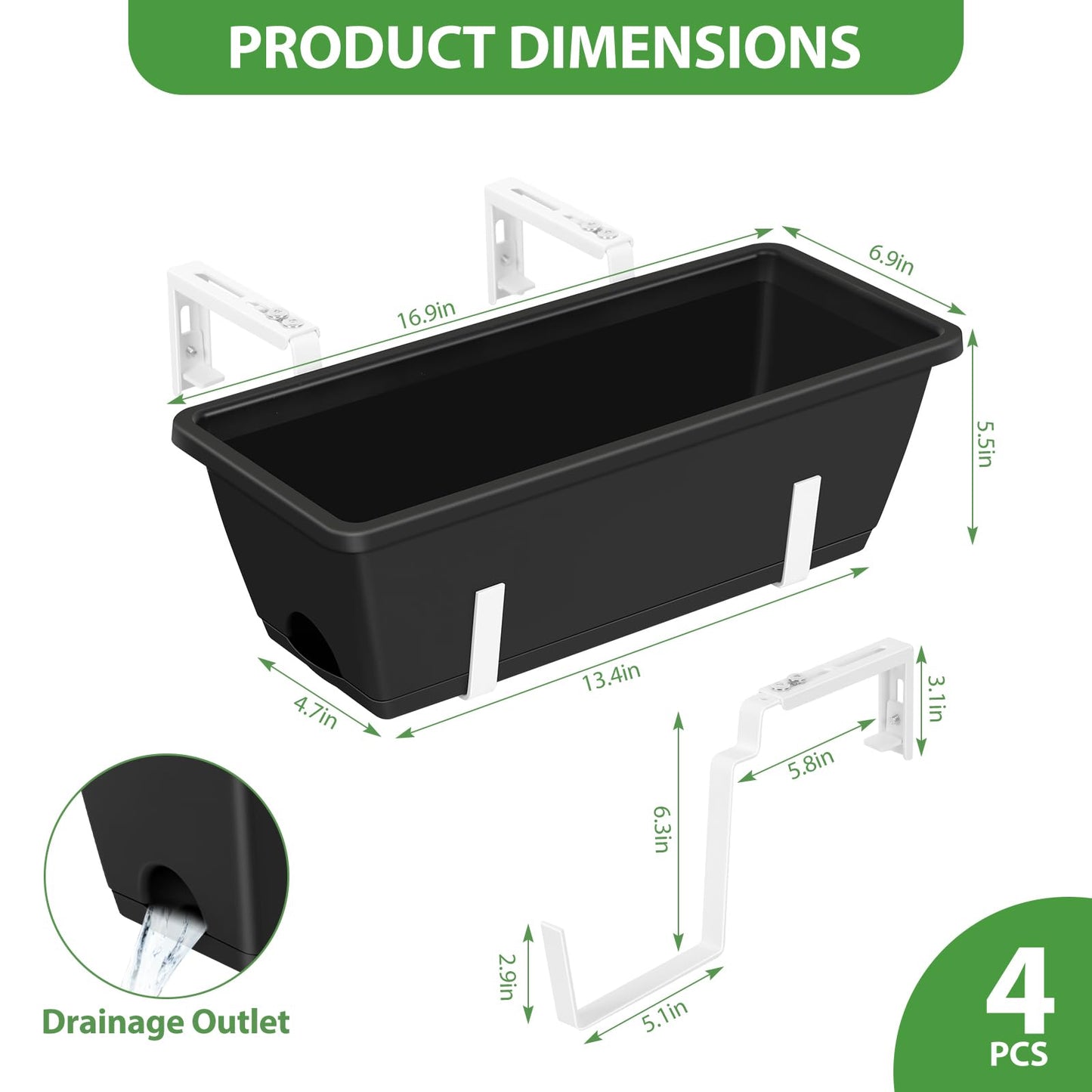 OYEAL Railing Planter Box Outdoor 4 Pack Hanging Balcony Planters 17 Inch Window Boxes Planter with Adjustable Brackets Plastic Flower Pots for Garden Deck Porch Railing Balcony Fence, Black & White