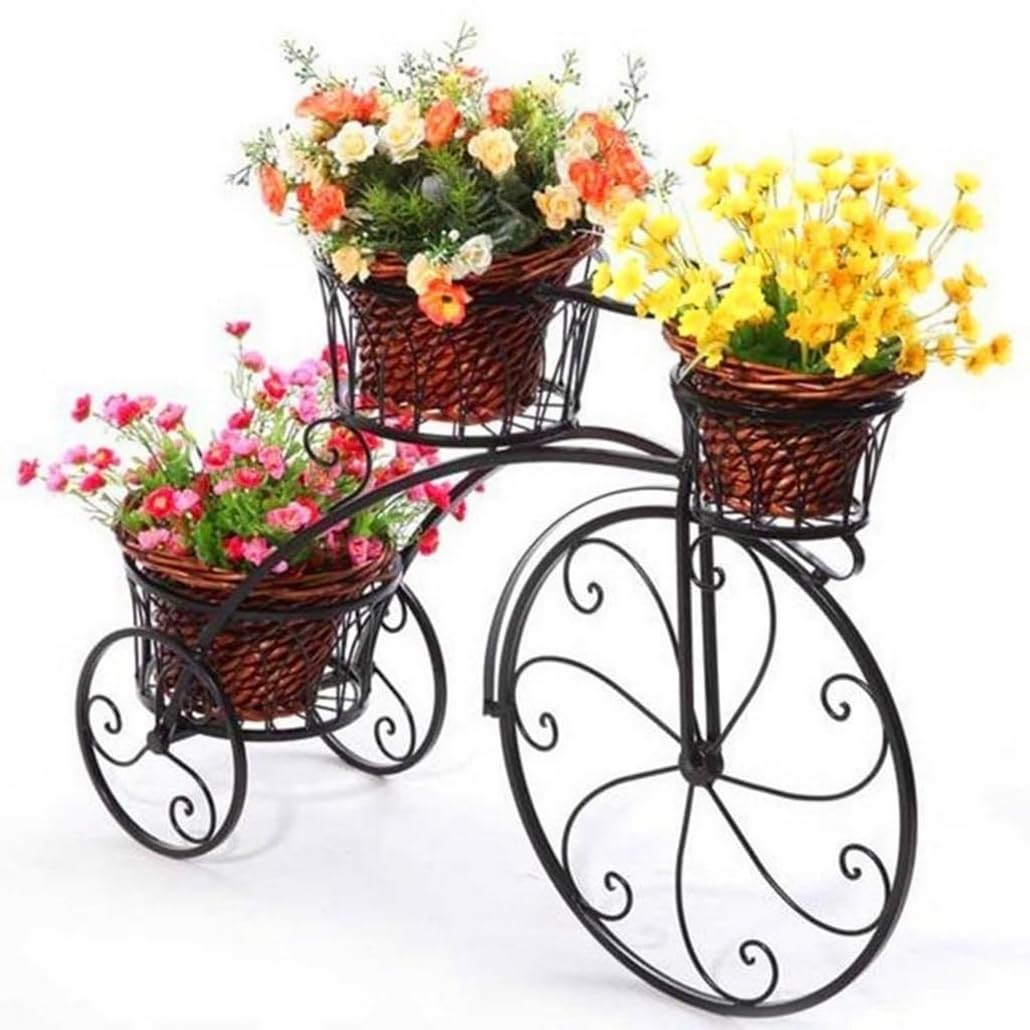 Wrought Iron Bicycle Home Garden Decor Iron Plant Stand,Plant Flower Pot Stand Flower Stand, 3 Tiered Small Bicycle Display Rack Stand Holds for Garden Patio Brown