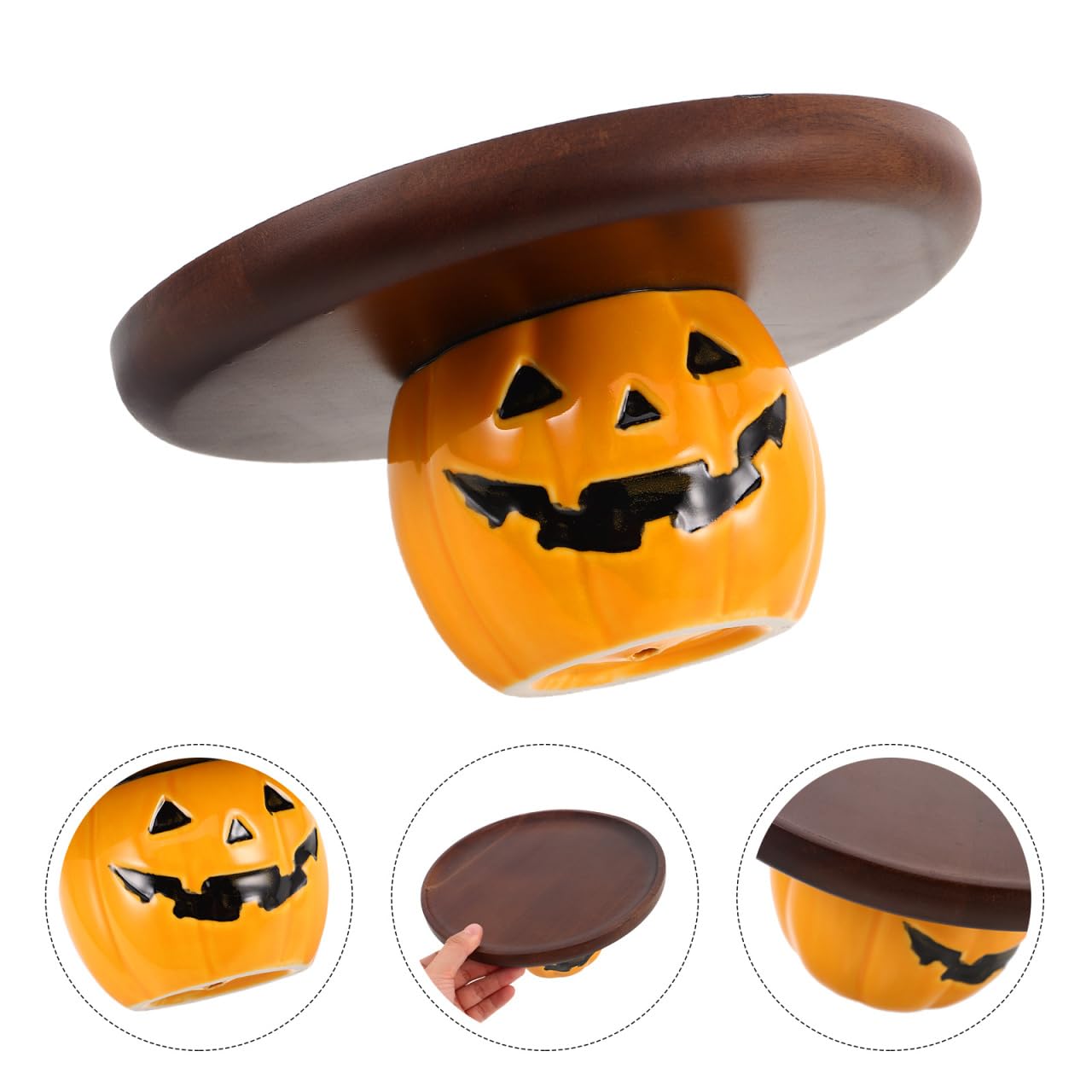 STOBAZA Halloween Pumpkin Serving Tray Rustic Wooden Dessert Platter with Ceramic Stand for Party Snacks Bread Candy Display 8.46X8.46X3.94 Inches