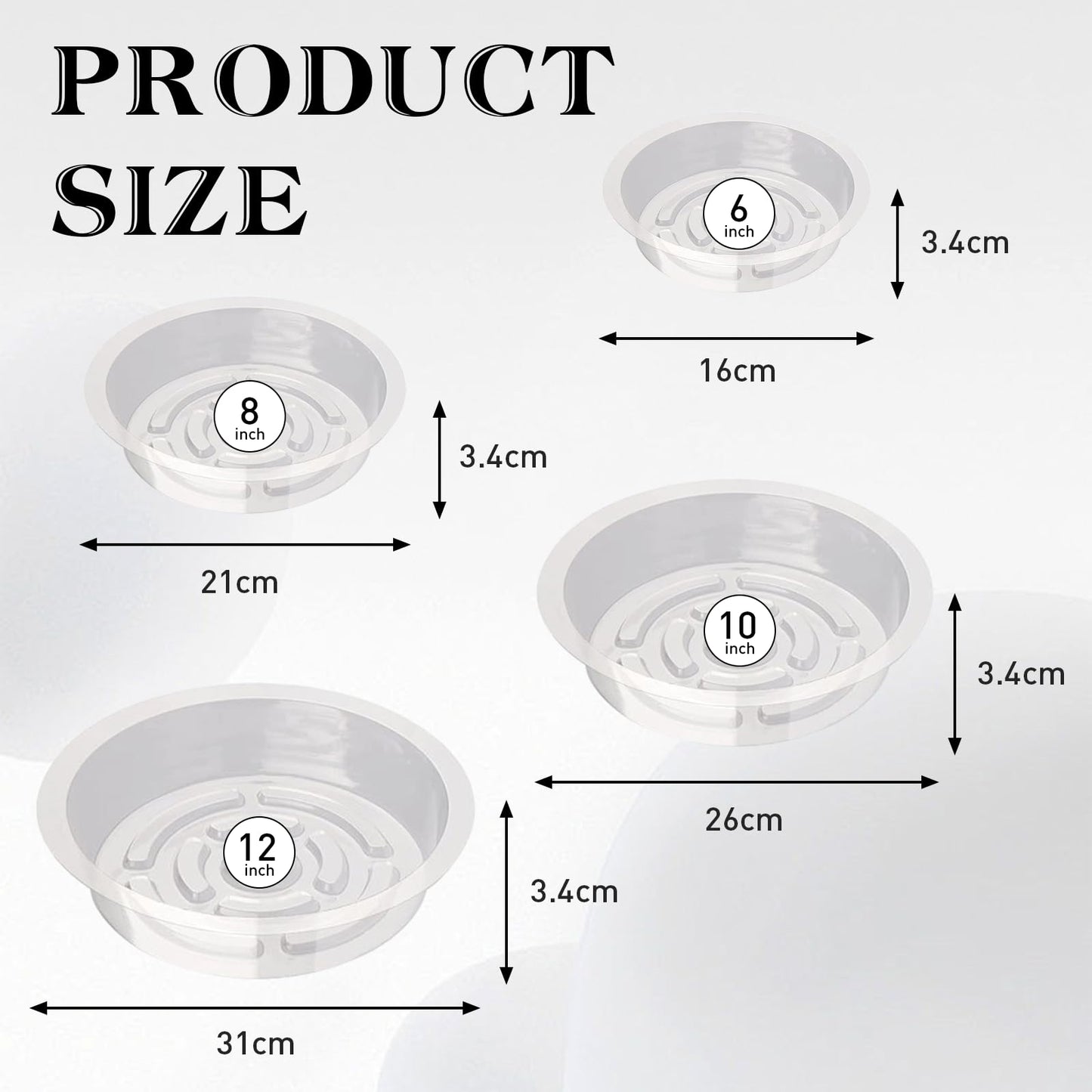 Hyuetrsa 36 PCS Plastic Plant Trays，6/8/10/12 Inch Plant Saucers Clear Plastic,Plastic Plant Saucer Durable Plant Trays for Plant pots Indoors and Outdoors（Round，Clear）
