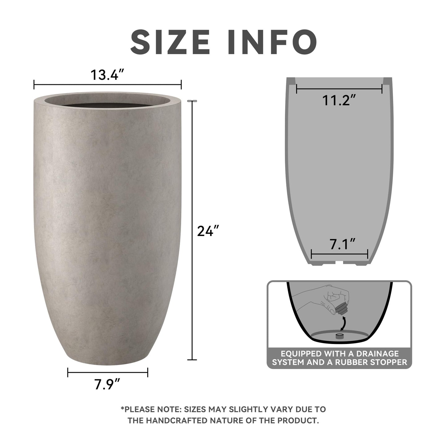 Kante 24 Inch Tall Round Concrete Planter, Large Indoor Outdoor Plant Pots with Drainage Hole and Rubber Plug, Modern Decorative Garden Pots for Home Patio Porch, Weathered Concrete