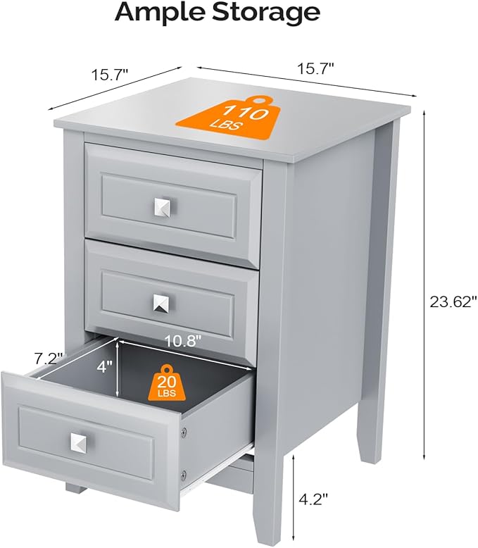 Bonnlo Gray Nightstand with 3 Drawers, Modern Night Stand