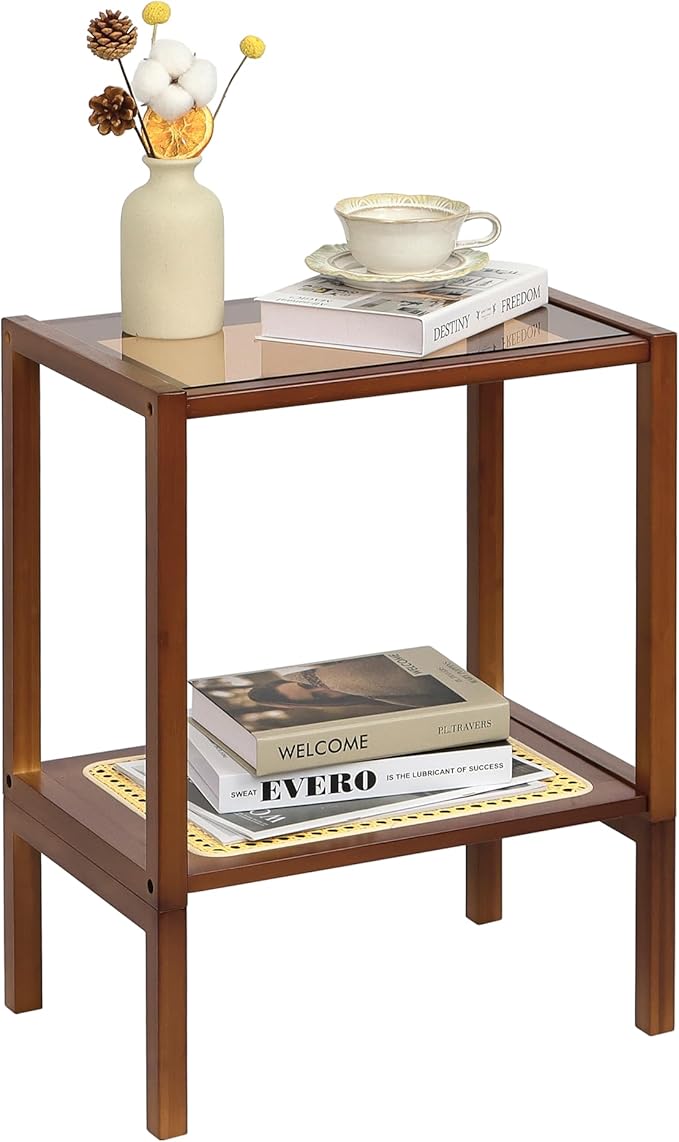2-Tier Bamboo Side Table, Modern Glasstop Rattan Side Table, Mid Century Wood
