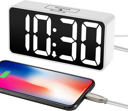 DreamSky Small Digital Alarm Clock for Bedroom with Large Big Numbers | Electric Bedside Desk Clock with USB Charging Port, Brightness Dimmer, Adjustable Alarm Volume, USB-C Adapter Powered